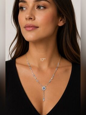Vintage Liz Palacios Lariat Necklace Blue Crystal Floral Drop 1990s